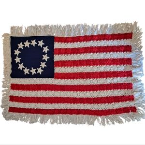 Vntg Afghan 70's Crochet BETSY ROSS FLAG 13 Stars Circle Handmade 57×37 + Fringe